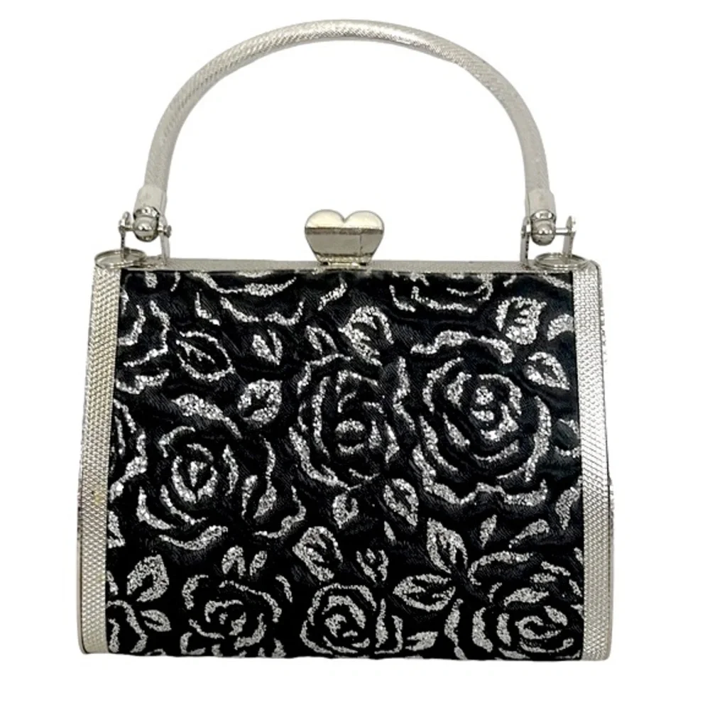 Y2K Ornate Silver Butterfly & Glitter Rose Fabric Clasp Top Mini Hard Bag - Picture 3 of 6